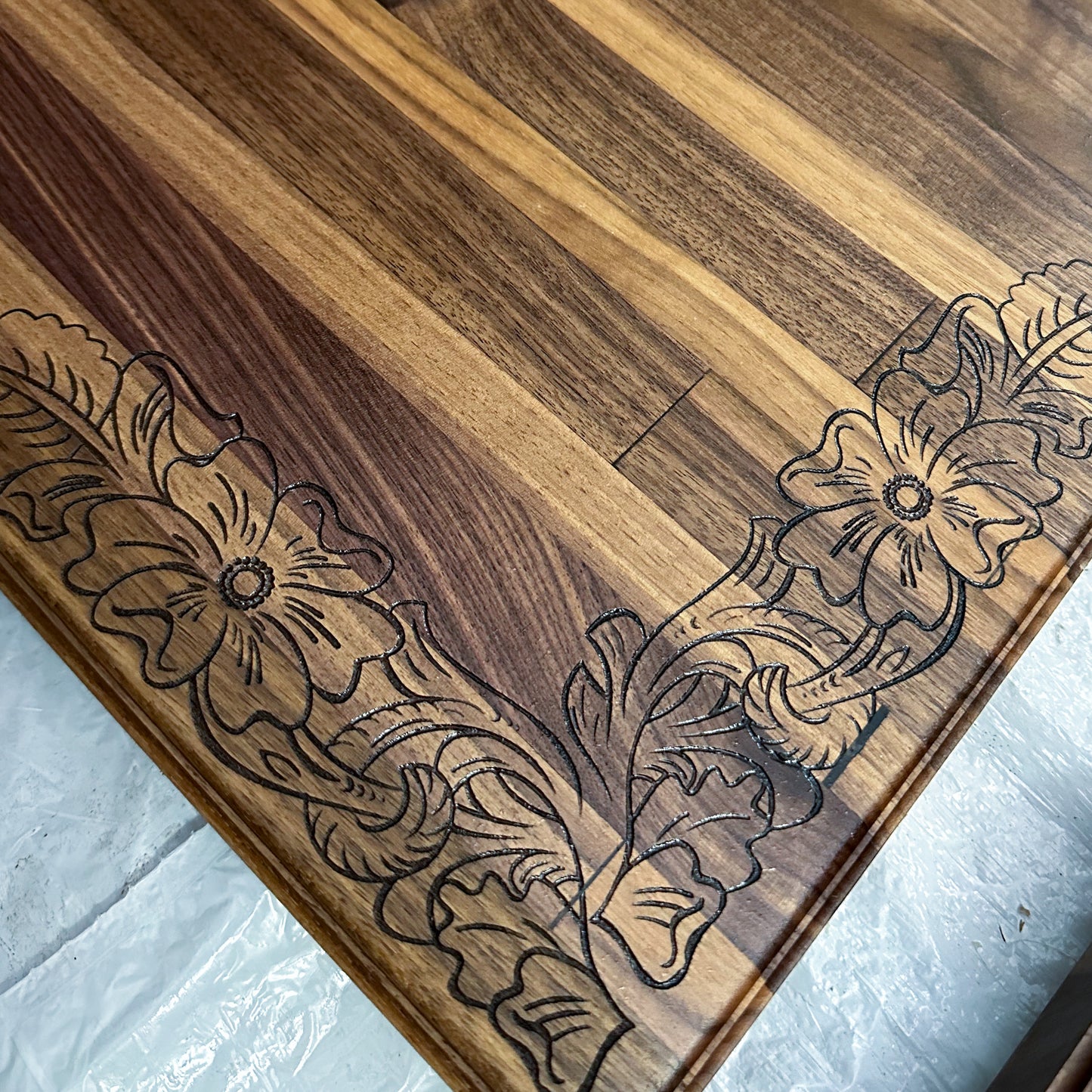 17 x 17 x 1.25 Black Walnut with floral pattern