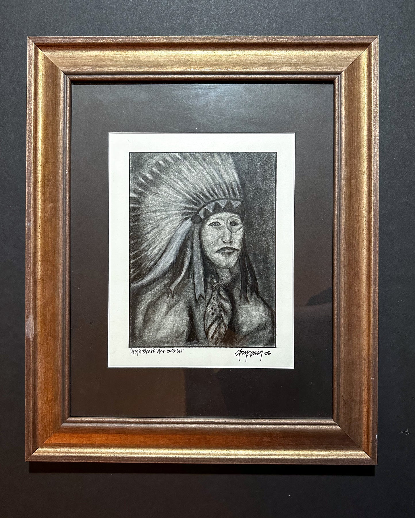 “High Bear’s War Goes On” framed charcoal