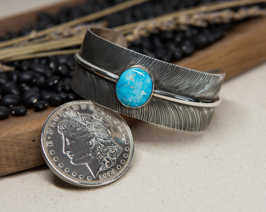 Kingman Turquoise Stamped Feather Cuff