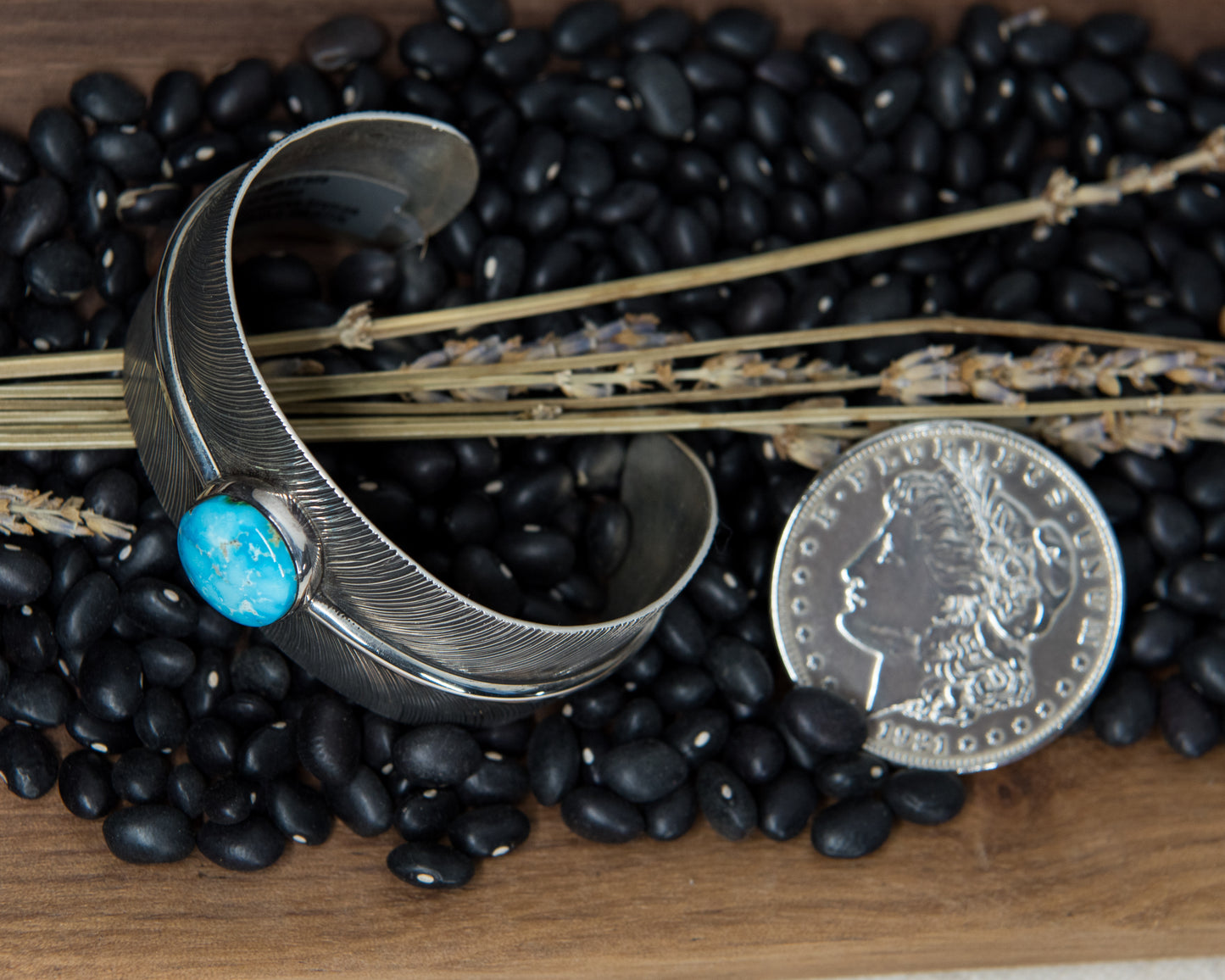 Kingman Turquoise Stamped Feather Cuff