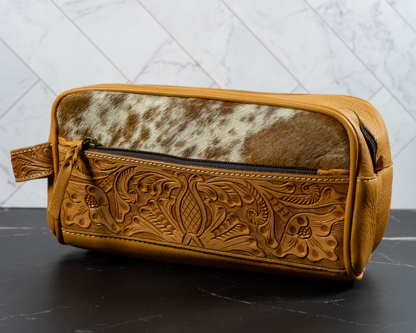 Cowhide | Tooled Leather Toiletry Makeup Shaving Travel Bag